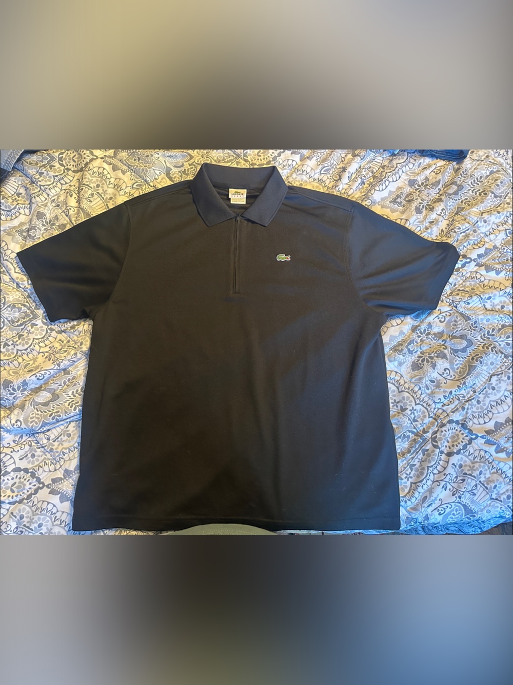 Lacoste Men's Black Short-Sleeve Zip Polo with Green Crocodile